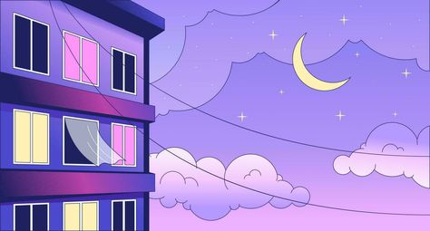 Windows apartment building night lo fi chill wallpaper. Moonlight night sky residential 2D vector cartoon landscape illustration, vaporwave background. 80s retro album art, synthwave aesthetics Vaporwave Background, Night Sky Aesthetic, Chill Wallpaper, 80s Anime, How To Draw Anime Eyes, Lo-fi Aesthetic, Vaporwave Wallpaper, Moving Backgrounds, Vaporwave Art