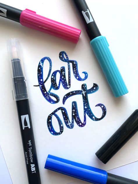 Galaxy Calligraphy Using the Colorless Blender - Tombow USA Blog Brush Pen Art Calligraphy, Galaxy Lettering, Bullet Journal Markers, Tombow Lettering, Pen Tutorial, Letter Practice Sheets, Aesthetic Paintings, Bullet Journal Work, English Calligraphy