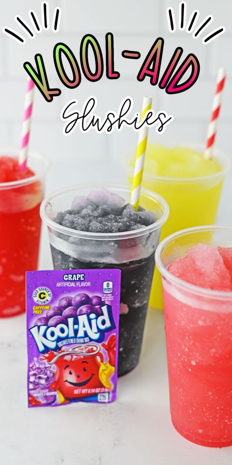 Kool-Aid Slushies Cool Aid Slushies, Kool Aid Slushie Recipe, Kool Aid Slushie, Slush Recipes Non Alcohol, Kool Aid Recipes, Koolaid Slushies Recipes, Ninja Slushie Machine Recipes, Diy Slushies, Slushie Recipes