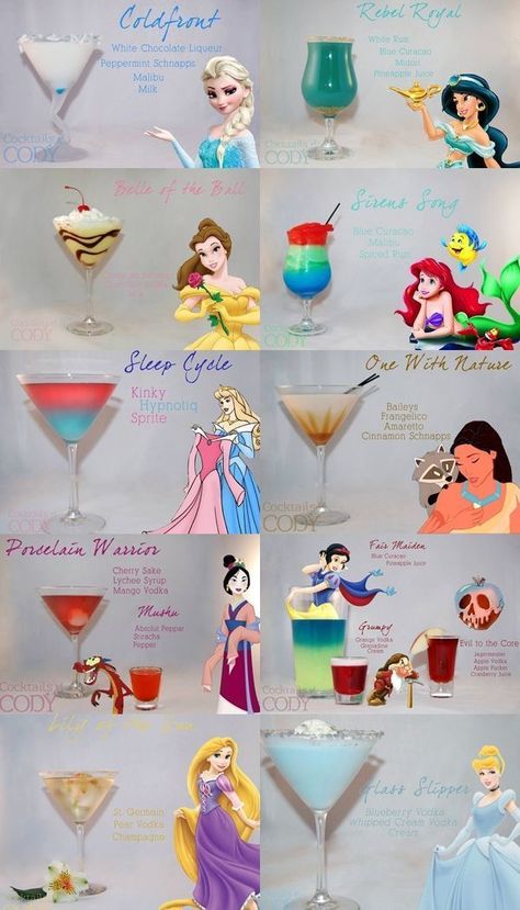 Disney Themed Drinks Alcoholic Beverages, Funny Cocktail Recipes, Princess Cocktails, Disney Princess Cocktails, Disney Alcoholic Drinks, Disney Cocktails, Disney Drinks, Alcholic Drinks, Sweet 17