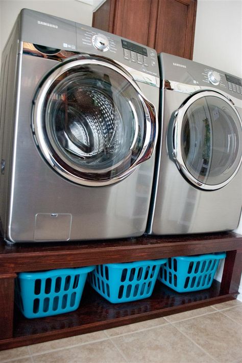 Washer And Dryer Stand, Laundry Room Stackable, Laundry Room Pedestal, Washer And Dryer Pedestal, Vintage Laundry Room Decor, Tiny Laundry, Stacked Laundry Room, Laundry Room Storage Shelves, Vintage Laundry Room