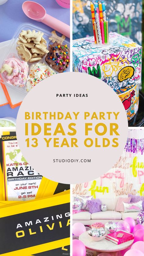 collage of Birthday Party Ideas for 13 Year Olds 26 Birthday Party Ideas, Birthday Party Ideas For 13, Cool Birthday Party Ideas, Amazing Race Party, 26 Birthday, Willy Wonka Party, Throwback Party, 13 Birthday, Race Party