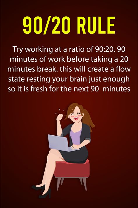 Be More Productive and Creative With the 90-20 Rule The 90-20 rule is quite simple: Spend 90 minutes focused on a specific task, and then take a 20-minute break. Studies show that the brain uses up most of its glucose — the sugar responsible for optimal brain function — in 60 to 90-minute intervals. By taking a break to get a snack, take a quick walk, or do something less mentally taxing, your brain can rebuild its stores of glucose, preparing you for another 90 minutes of work on your to-do Improve Brain Power, Career Building, English Knowledge, Formal Men, Formal Men Outfit, Levels Of Consciousness, Flow State, Be More Productive, Brain Power