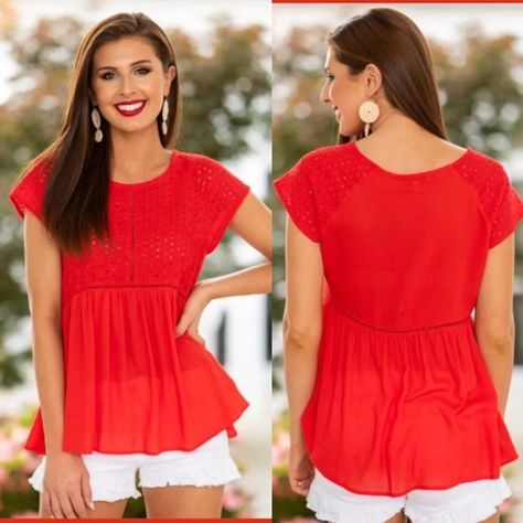 Stand Out From The Crowd In This Gorgeous Red Feminine Eyelet Top! Many Versatile Styling Options: You Can Wear With Tank, Bralette, Denim Jacket, And More! See Pictures For Full Details Never Worn! No Tags Offers Welcome Through Offer Button Bundle Items From My Closet And Pay One Shipping Cost No Trades Or Holds (Bin1c) Red Feminine, Black Ruffle Top, 90s Fashion Grunge, Layered Blouse, Black Blouse Long Sleeve, Mint Julep Boutique, Orange Blouse, Eyelet Top, Boutique Tops