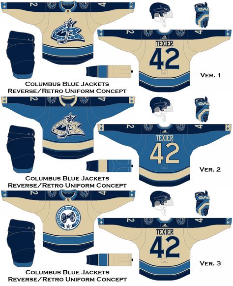 Using the alternate Blue Jackets colors for a retro/reverse uniform set. Jersey Uniform Design, Hockey Uniform Design, Sports Layout, Hockey Jersey Design, Sports Uniform Design, Hockey Uniform, Streetwear Hockey Jersey, Retro Hockey Jersey, Canterlot High