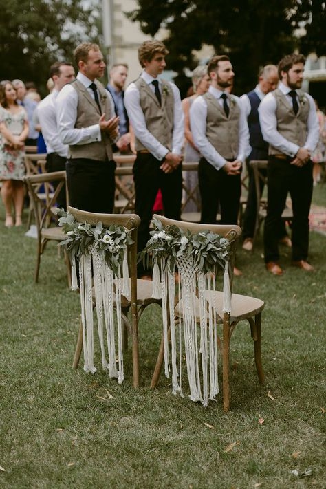 Outdoor Boho Wedding, Festoon Lights Outdoor, Wedding Chair Decor, Macrame Wedding Decor, Macrame Chairs, Macrame Wedding Backdrop, Romantic Outdoor Wedding, Wedding Chair Decorations, Yosemite Wedding