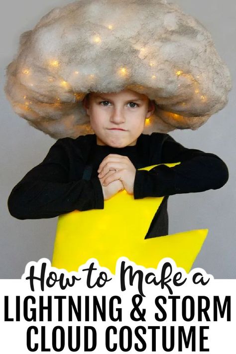 Make a No Sew Lightning and Storm Cloud Costume with this easy tutorial. #stormcostume #lightningcostume Diy Thunderstorm Costume, Thunder Costume Diy, Thunder Storm Costume, Lightning Halloween Costume, Struck By Lightning Costume, Weather Costumes For Kids, Rain Cloud Costume Diy, Science Costume Ideas, Storm Chaser Costume