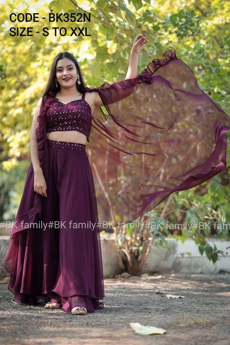 Chikankari Georgette Wine COLOR COORDINATED SET | ₹ 2099 | FREE SHIPPING | WATSAPP 9004688543 Crop Top With Plazo And Jacket, Crop Top Outfits Indian, Frocks For Women Party, Plazo Dress, Stylish Crop Top, Hot Dresses Tight, Frock For Women, Indian Dresses Traditional, Elegant Blouse Designs