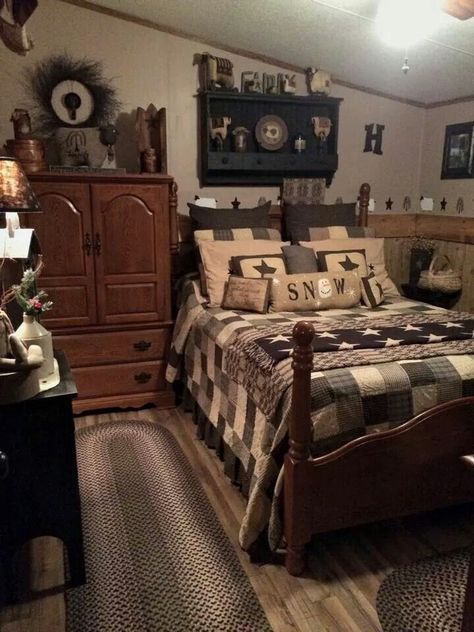 Country Bedroom Primitives Primitive Bedroom Decor, Primitive Bedroom Ideas, Primitive Country Bedrooms, Primitive Bedroom, Primitive Living Room, Primative Decor, Country Bedding, Primitive Homes, Bedroom Remodel