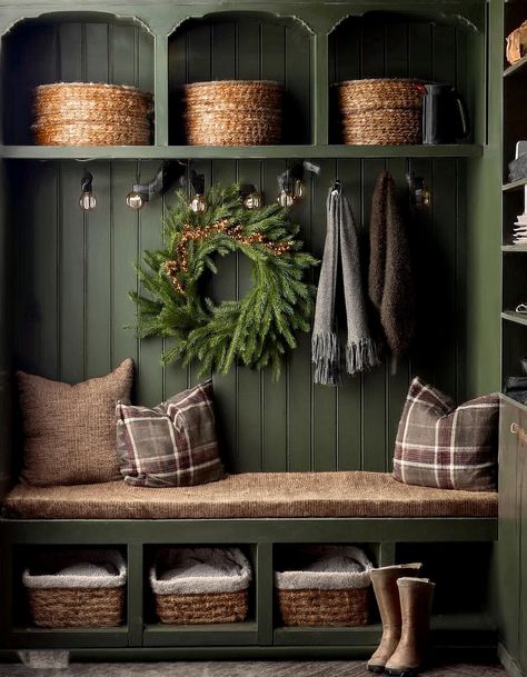 Follow these super simple amazing and stylish mudroom ideas to make your entryway both functional and beautiful. Green Entryway Bench, Cozy Mudroom Ideas, Cottage Core Mudroom, Entryway Bench Built In, Entry Way Storage Bench Ideas, Moody Mudroom Ideas, Board And Batten Bench, Front Entryway Storage Ideas, Sage Green Mudroom