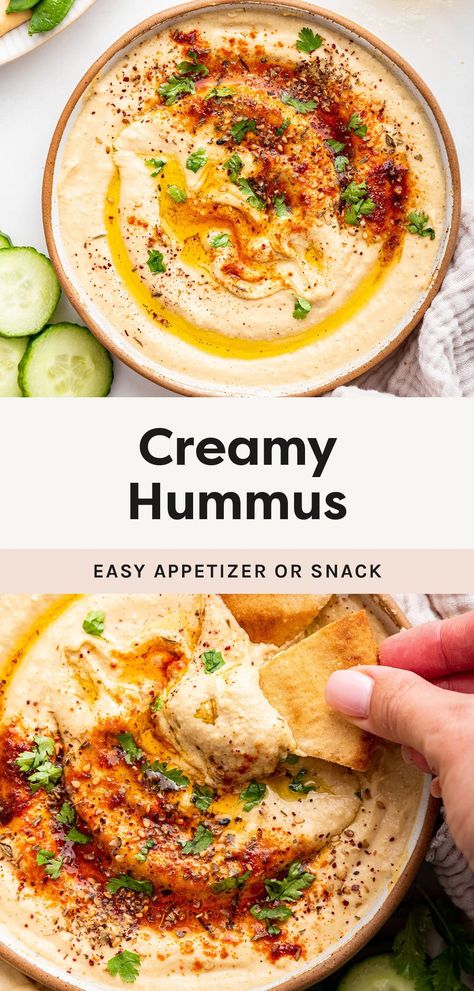 Here's how to make perfectly smooth and creamy hummus at home! It's super easy to whip up — no peeling of chickpeas required. Serve with fresh veggies and pita for a delicious appetizer or snack.