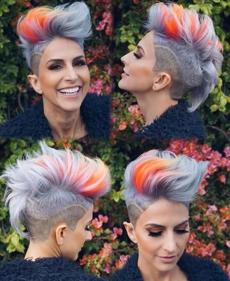 Mohawk Hair Color Ideas, Mohawk Color Ideas, Crazy Color Hair Ideas Short, Crazy Hair Colors For Short Hair, Dyed Short Hair Pixie, Vivid Hair Color Short, Pixie Mohawk, Mohawk Hairstyles For Women, Mohawk Styles