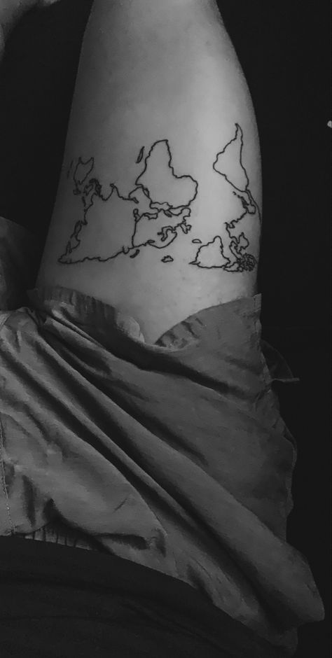 Sky Map Tattoo, River Map Tattoo, World Map Tattoo Back, World Map Tattoo Thigh, World Map Line Art Tattoo, Outer Thigh, Thigh Tattoo, World Map, Tattoo Ideas