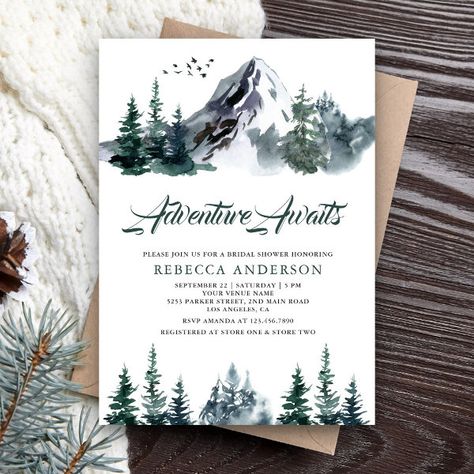 National Park Wedding Shower Theme, Bridal Shower Hiking Theme, Mountain Wedding Theme Ideas, Bridal Shower Forest Theme, Outdoorsy Bridal Shower Theme, Mountain Bridal Shower Theme, Adventure Awaits Bridal Shower Theme, Let The Adventure Begin Wedding, Adventure Wedding Theme