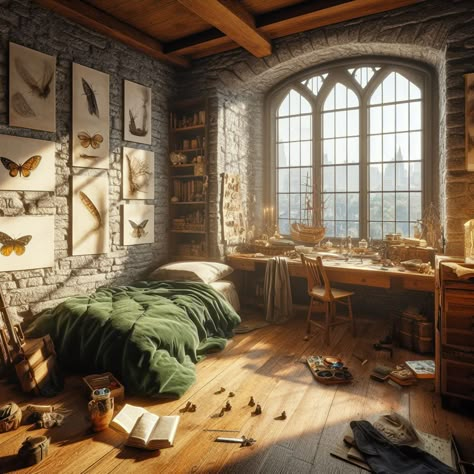 Medevil Room Aesthetic, Dnd Bedroom Art, Fantasy Medieval Bedroom, Fantasy Home Concept Art, Fantasy Dorm Room Concept Art, Fantasy Bedroom Medieval, Dorm Room Concept Art, Fantasy Room Concept Art, Druid Bedroom