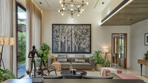 This three-storey Bengaluru home showcases the best of Indian design | Architectural Digest India Living Room India, Luxury Apartments Interior, Painted Paneling Walls, Teak Wood Furniture, Patterned Floor Tiles, Live Edge Dining Table, Indian Homes, Expensive Houses, Elegant Living Room