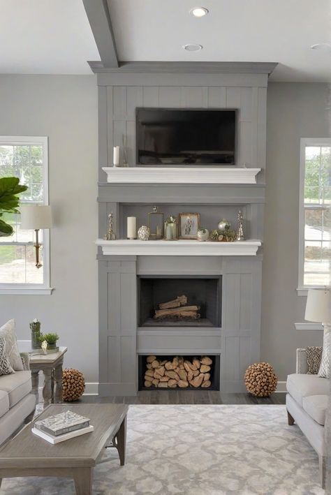 1. Home decor 
2. Living room inspiration 
3. Fireplace makeover 
4. Repose Gray paint Living Room With Fireplace Paint Ideas, Home Decor Color Schemes, Decor Fireplace Ideas, Soft Blue Paint Colors, Gray Fireplace, Brick Fireplace Decor, Fireplace Paint, Fireplace Decorations, Grey Fireplace