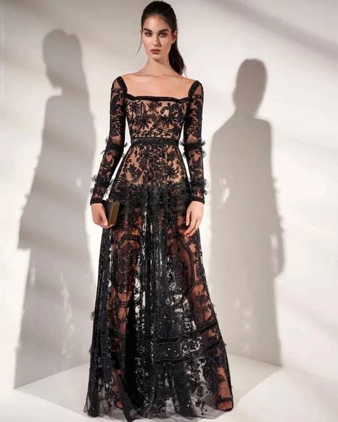 Look Gatsby, Embroidered Tulle Dress, فستان سهرة, Looks Street Style, Black Lace Dress, Zuhair Murad, Long Black Dress, Long Black, Tulle Dress