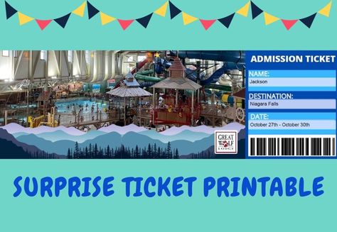 FREE Surprise Ticket Template for Great Wolf Lodge - The Exploring Family Great Wolf Lodge Scavenger Hunt, Great Wolf Lodge Printable, Great Wolf Lodge Christmas Surprise, Great Wolf Lodge Surprise Ideas, Surprise Disney Trip Reveal, Surprise Trip Reveal, Disney Trip Surprise, Kids New Years Eve, Surprise Vacation