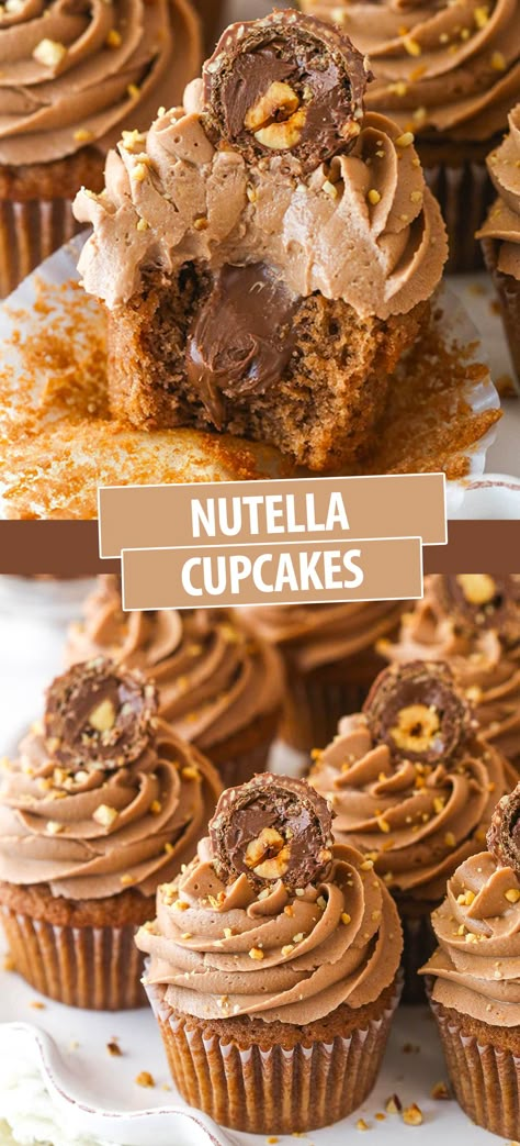 These Nutella Cupcakes are made with Nutella in the cupcake, a Nutella filling, and fluffy Nutella buttercream! They are east to make, moist, and bursting at the seams with amazing chocolate-hazelnut flavor! Cupcake With Filling Recipes, Cupcake Filled Recipes, Fun Flavored Cupcakes, Foods With Nutella, Cupcake Recipes With Filling, Coffee Cupcakes With Box Cake, Unique Cupcake Flavors Recipes, Cupcake Flavor Combinations, Birthday Cupcake Recipes