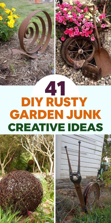 Transform your garden with creative DIY projects using old rusty items. Upcycle an outdated metal chair into a one-of-a-kind plant stand by repurposing it with an upcycled planter. Breathe new life into a worn-out bicycle by converting it into a charming flower display for your outdoor space. Get artistic and craft a unique rusty metal sculpture by welding together salvaged pieces. Creative Plant Stands, Old Metal Chairs, Recycled Garden Planters, Rusty Junk, Old Door Projects, Spiral Garden, Pebble Garden, Rusty Garden, Black Thumb