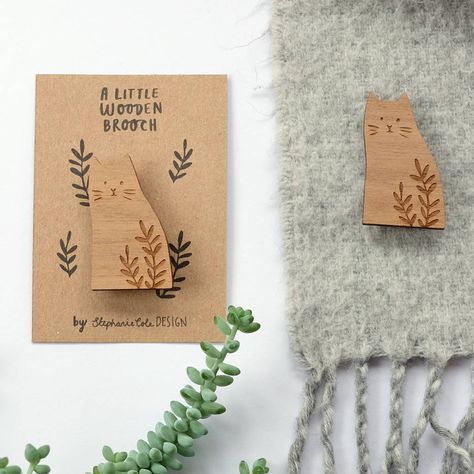 Wooden Sprig Cat Brooch Wood Jewerly, Diy Montessori Toys, Cat Laser, Wood Jewelery, Etsy Inspiration, Laser Cut Jewelry, Wooden Accessories, Polymer Clay Jewelry Diy, Wooden Cat