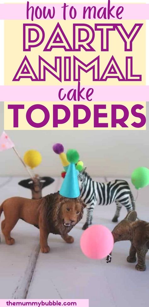 A guide to making party animal cake toppers to decorate a birthday cake! These DIY party animal cake toppers are super easy to make yourself. Perfect for an animal themed birthday party. Diy Mini Party Hats For Animals, Cake Topper Animals, Diy Party Animals, Animal Party Hats, Cute Cake Toppers, Party Hat Template, Party Animal Cake, Make Your Own Hat, Animal Cake Toppers