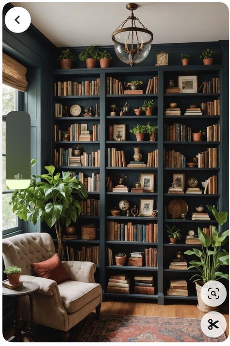 Moody Home Offices, Tiny Library Office Room Ideas, Modern Farmhouse Library Office, Green Couch Library, Office With Large Bookshelf, Gothic Home Library Ideas, Dark Green Office Library, I’m Home Library Room, Library Style Bedroom