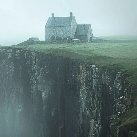 Ben Myhre on Instagram: "Tour through a Cliffside Cottage 🪨🏡☁️🌿  Shrouded in a perpetual veil of mist, this solitary cottage stands atop the craggy cliff, overlooking the whispering tides of the abyss below. Its stone walls, battered by the winds of countless storms, hold the secrets of the edge, a silent witness to the eternal dance between land and sea. . Conjured using a blend of Midjourney AI, Photoshop and Topaz 🧙‍♂️🪄 . Please be sure to credit if you share and clearly label they are imaginary AI assisted scenes to avoid any misconceptions🙏 . . #midjourney  #midjourneyart  #midjourneyai #ai #aigenerated #homesweethome #hogwartslegacy #hogwartsismyhome #middleearth #cottage #cottagecore #aiart #nature #naturelovers #stone #cliffside #cozy #witchaesthetic #storybook #countryside # Cottage On A Cliff, Edge Of Cliff Aesthetic, Abyss Aesthetic, Someone Standing On A Cliff, House On Cliff, Fools Journey, Cabin On Cliff, House On A Cliff, Standing At The Edge Of A Cliff