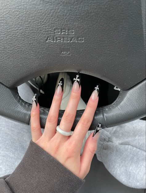 chrome heart 
nails
acrylic nails 
fall nails
gel x nails Short Nails Chrome Hearts, Almond Chrome Heart Nails, Nail Inspo Chrome Hearts, Chrome Hearts Nails Almond, Chrome Hearts Inspired Nails, Chrome Hearts Nails Designs, Nails With Chrome Heart, Black Chrome Heart Nails, Chrome Heart Nails Designs