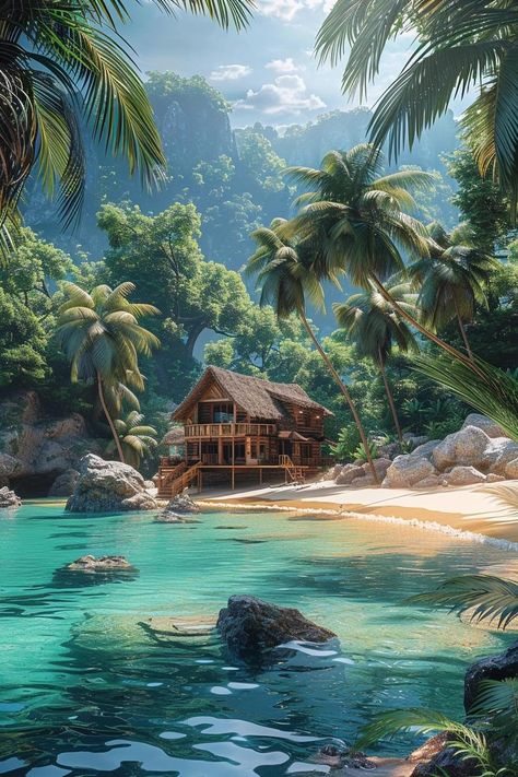 Polynesian Beach House, Fantasy Beach House, Island House Tropical, Fantasy Cabin, Paradise Places, Life In Paradise, Tropical Beach Houses, Luxury Beach House, Dream Beach Houses