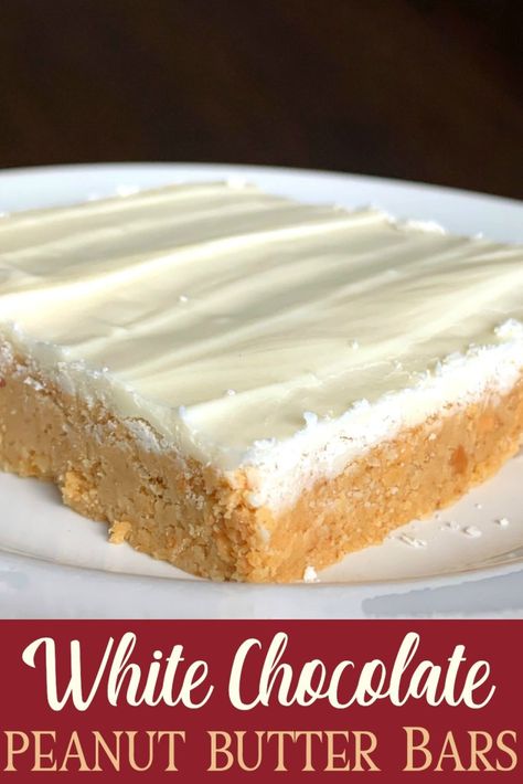 White Chocolate Peanut Butter Bars taste like a white chocolate peanut butter cup.  This is one of the BEST no-bake dessert recipes that only has 6 ingredients and can be made in 10 minutes at home. A sweet, crunchy peanut butter and graham cracker base topped with melted white chocolate is simply irresistible! #easydessert #whitechocolate White Chocolate Recipes Easy, Peanut Butter White Chocolate, White Chocolate Peanut Butter, White Chocolate Desserts, Chocolate Peanut Butter Bars, Melted White Chocolate, White Chocolate Frosting, White Chocolate Recipes, Crunchy Peanut Butter