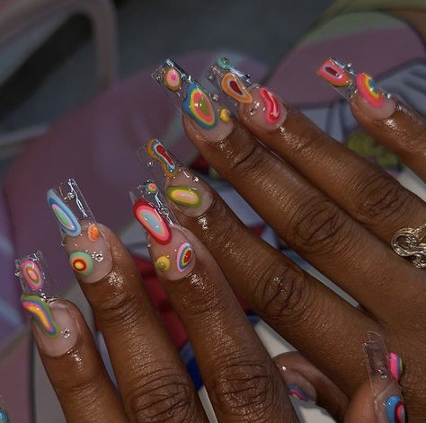 Maximalist Nails Aesthetic, Paul Frank Nails, Short Nail Set Ideas, Short Junk Nails, Trash Nails, 90s Nail Art, Lisa Frank Nails, Alt Nails, Nails And Rings