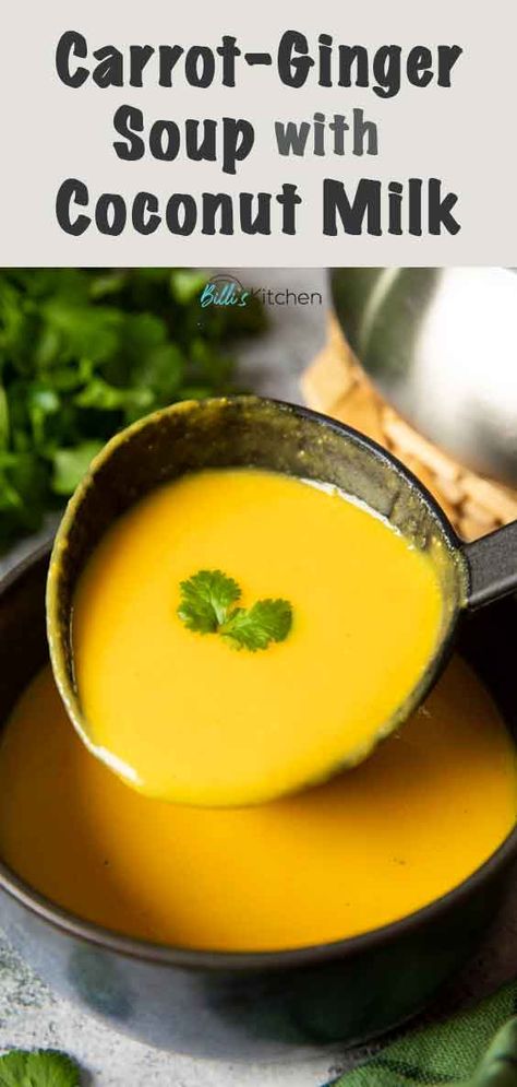 Deliciously complex in flavor --- that's what you'll get in every serving of this creamy Carrot Ginger Soup with Coconut Milk. Slightly sweet, slightly spicy, and it only takes thirty minutes to prepare! Carrot Ginger Coconut Milk Soup, Carrot Soup With Coconut Milk, Carrot Ginger Coconut Soup, Carrot Ginger Soup Recipe, Soup With Coconut Milk, Coconut Milk Soup, Carrot Ginger Soup, Ginger Soup, Coconut Milk Recipes