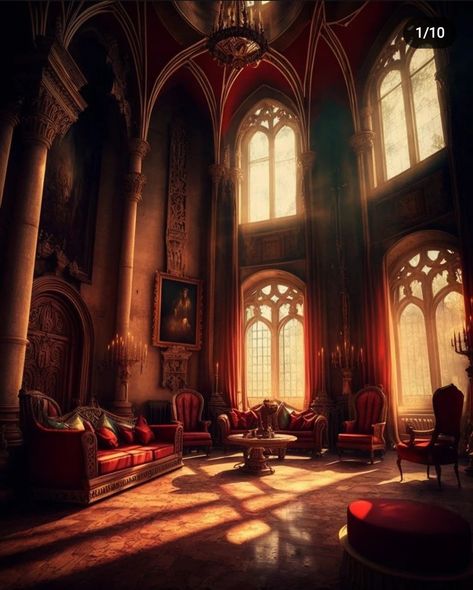 Gryffindor Common Room Fanart, Gryffindor Room Aesthetic, Gryffindor Common Room Aesthetic, Gryffindor Room, Gryffindor Dorm, Gryffindor Common Room, Red Castle, Hogwarts Gryffindor, Castle Rooms