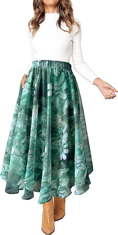 Sinono Women Elastic High Waist A Line Floral Print Swing Chiffon Beach Midi Long Skirt with Pockets(Small, Light Green) at Amazon Women’s Clothing store Long Skirt With Jacket, Long Chiffon Skirt With Floral Print, Flowy Floral Print Party Skirt, Green Floral Print Flowy Skirt, Non-stretch Chiffon Lined Skirt, Flowy Full-length Rayon Skirt, Tiered Long Skirt, Long Skirt With Pockets, Style Midi Skirt