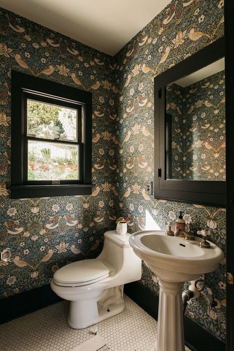 A Beautiful 1920s Spanish-Style Villa in Los Feliz - The Nordroom William Morris Wallpaper Powder Room, Wallpapers In Bathroom, Full Wallpaper Bathroom, William Morris Bathroom Wallpaper, William Morris Bathroom, Spanish Style Wallpaper, Morris Wallpaper Bathroom, William Morris Wallpaper Bathroom, Dark Wallpaper Bathroom