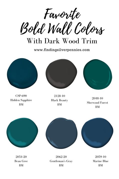 Update Dark Bedroom Furniture, Dark Green Shiplap Wall Bedroom, Dark Blue Wall Paint Colors, Paint Colors For Dressers Ideas, Dark Wall Color Ideas, Bold Kitchen Wall Colors, Paint That Goes With Dark Wood, Colors That Go With Dark Wood, Best Paint Colors With Dark Wood Trim