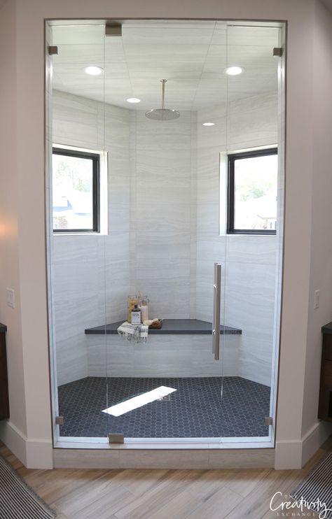 Corner Shower Ideas With Window, Shower Near Window, Corner Shower With Two Shower Heads, Corner Shower With Window Master Bath, Corner Shower Double Head, Bathroom Windows In Shower Ideas, Master Bath With Corner Windows, Corner Master Shower Walk In, Odd Shaped Shower Ideas