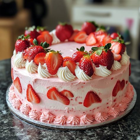 Best Ever Strawberry Cake The Best Strawberry Cake Ever, Kue Strawberry, Cake Designs Strawberry, Strawberry Flower Cake, Christmas Strawberry Cake, Cake Strawberry Decoration, Pretty Strawberry Cake Birthday, Strawberry Birthday Cake For Women, Strawberry Shortcake Smash Cake