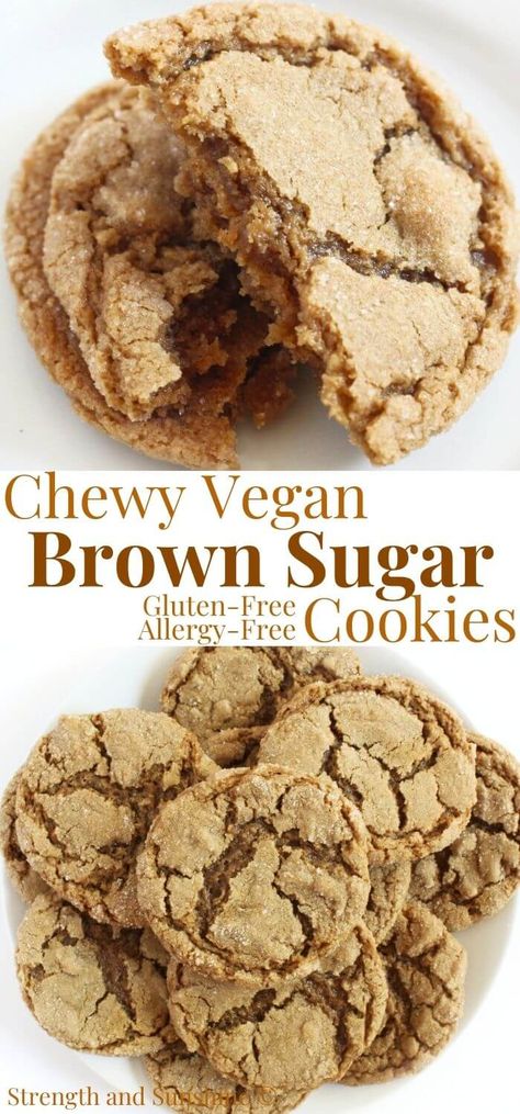 Chewy Brown Sugar Cookies (Gluten-Free, Vegan) | Strength and Sunshine | These unbelievably soft and chewy Brown Sugar Cookies are gluten-free, vegan, and allergy-free! Rich dark brown sugar keeps these eggless cookies extra chewy and moist with delicious notes of caramel and molasses flavor. Buttery and sweet with a perfect crinkle top, these quick and easy brown sugar cookies have 8 ingredients and bake up in 10 minutes! Dairy Egg Free Cookies, Easy Vegan And Gluten Free Desserts, Allergy Friendly Cookie Recipes, Gluten Free Vegan Cookies Easy, Cookie Recipes Gluten Free Dairy Free, Gluten Free Vegan Treats, No Sodium Cookies, Cassava Flour Sugar Cookies, Vegan Nut Free Cookies