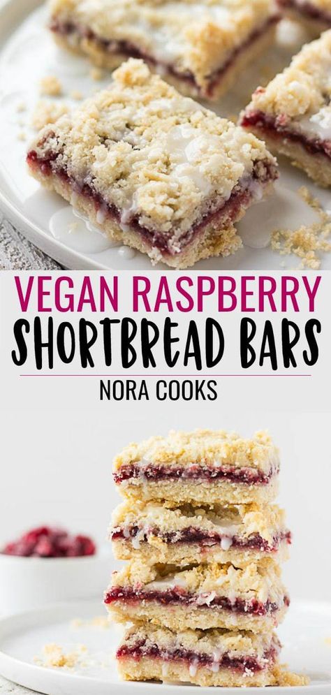 Vegan Raspberry Bars are made with a coconut oil shortbread crust and topping, made with only 5 ingredients and 1 bowl! #vegan #plantbased #dessert Raspberry Shortbread Bars, Raspberry Shortbread, Nora Cooks, Patisserie Vegan, Vegan Lemon Cake, Raspberry Bars, Dessert Oreo, Shortbread Bars, Vegan Bar