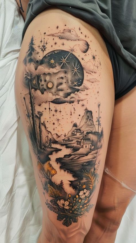 Detailed night-time landscape tattoo design on leg with crescent moon, stars, mountains, trees, and flowers - intricate ink art. Landscape Tattoo Design, Star Sleeve Tattoo, Night Tattoo, Tattoo Shading, Water Tattoo, Landscape Tattoo, Arm Sleeve Tattoos, Mountain Tattoo, Delicate Flowers