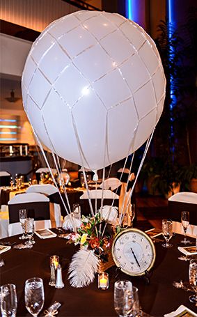 Steampunk inspired hot air balloon centerpiece at Walt Disney World wedding reception Steampunk Hot Air Balloon Diy, Steampunk Centerpiece, Steampunk Wedding Ideas, Steampunk Party Decorations, Steampunk Wedding Decorations, Balloon Aesthetic, Steampunk Wedding Themes, Steampunk Birthday, Victorian Steampunk Wedding