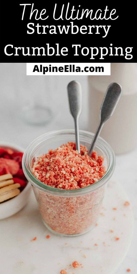 This no bake strawberry crunch topping is made with just 4 ingredients. Sprinkle this over ice cream, cupcakes, cake, cheesecakes or frosted cookies! Strawberry Crunch Desserts, Strawberry Crunch Cheesecake Cups, Strawberry Crunch Crumble Recipe, Strawberry Crunch Topping Recipe, Crumble Recipe Topping, Strawberry Shortcake Crumble, Strawberry Crunch Cupcakes, Strawberry Ice Cream Bar, Shortcake Crumble