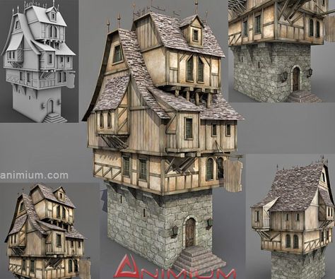 Medieval Tavern or Stone house 3d model. Highly detailed mid-poly 3d model with high resolution textures. Textures Medieval Cottage, Medieval Tavern, Building Reference, Houses Minecraft, Fantasy Houses, Model Houses, Stone Exterior Houses, Grim Dark, Old Stone Houses