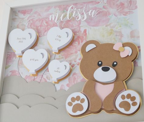 Birth Stat Shadow Box in Bear Themed for baby girl from Nursery Room Wall Decor, Wall Decor For Nursery, Baby Shadow Box, Decor For Nursery, Baby Photo Frames, Baby Stats, Baby Boy Room Decor, Room Baby, Bear Theme