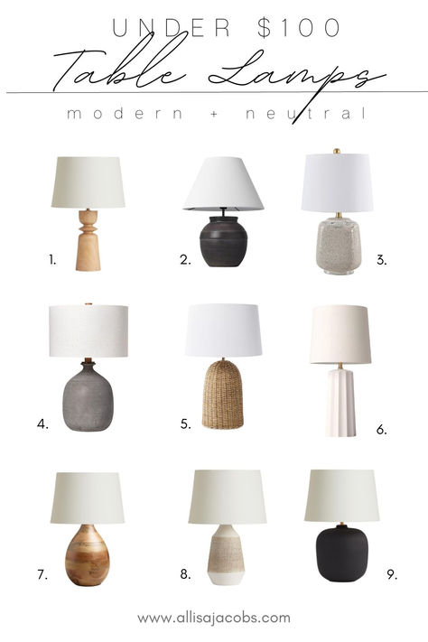 modern table lamps Table Lamps Under $100, Bedroom Side Table Lamps, Brown White Accent Lamp, Room With Bookshelves, Allisa Jacobs, Neutral Lamps, Affordable Black Metal Table Lamp, Mid Century Modern Living Room Design, Living Room Lights