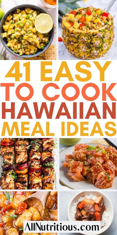 If you are wanting to enjoy more delicious Hawaiian meals you need to try these mouth-watering easy Hawaiian recipes. These flavourful Hawaiian dishes are super easy to make for an easy dinner any night of the week. Tropical Recipes Dinner, Hawaiian Lunch Ideas, Hawaiian Main Dishes, Hawaiian Luau Party Food Sides, Easy Hawaiian Food, Tropical Meal Ideas, Hawaiian Bowl Recipes, Hawaiian Brunch Food, Hawaiian Casserole