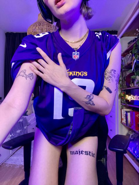 Nfl Tattoo, Vikings Aesthetic, Viking Aesthetic, Nfl Vikings, Shark Tattoos, Nfl Jersey, Tattoo Inspo, Butterfly Tattoo, Small Tattoos